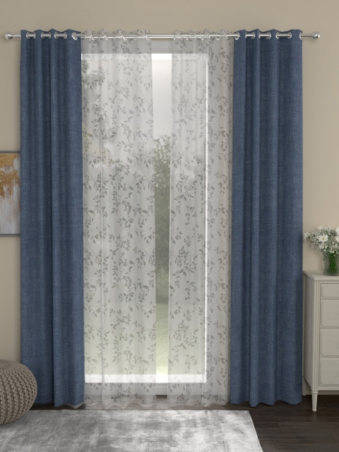 

ROSARA HOME Set Of 4 Navy Blue & White Long Door Curtains