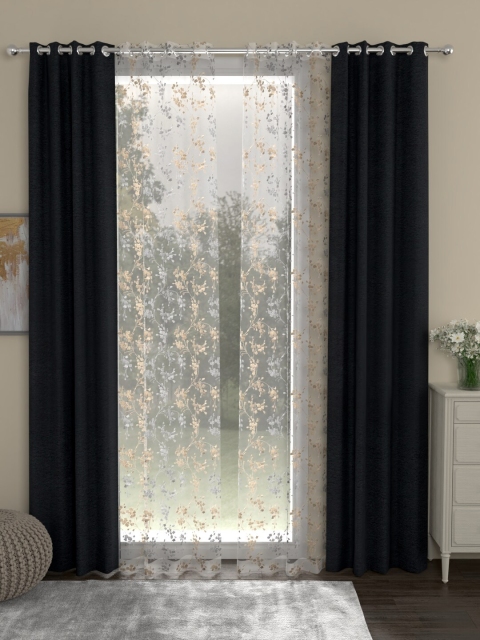 

ROSARA HOME Charcoal & Beige Set of 4 Long Door Curtains