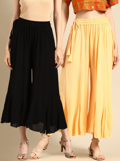 

TAG 7 Women Black & Cream-Coloured Solid Flared Palazzos