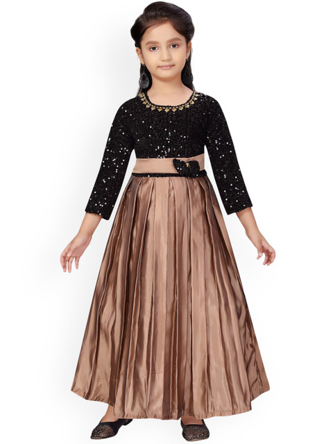 

Aarika Girls Coffee Brown & Black Sequin Embellished Fit and Flare Silk Dress