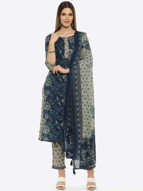 

Kurti's by Menka Women Navy Blue & Beige Printed Kurta with Trousers & Dupatta