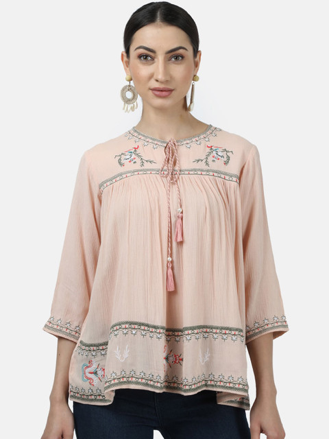 

Monte Carlo Peach-Coloured & Grey Floral Embroidered Tie-Up Neck A-Line Top