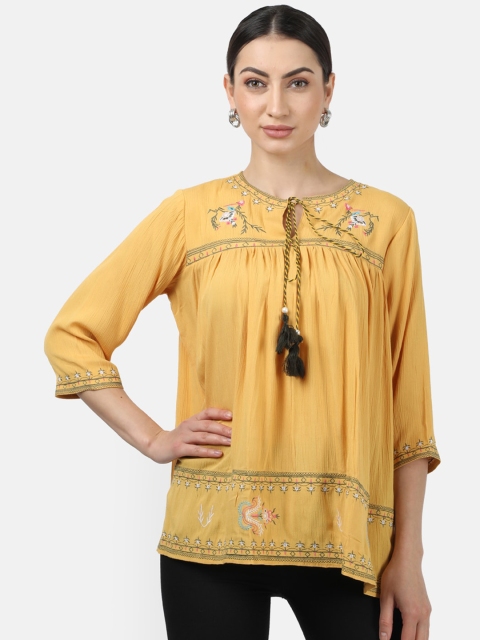 

Monte Carlo Yellow & Off White Floral Embroidered Tie-Up Neck A-Line Top