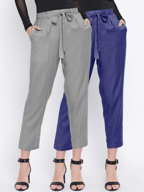 

CHROME & CORAL Women Pack of 2 Tapered Fit Solid Peg Trousers, Grey