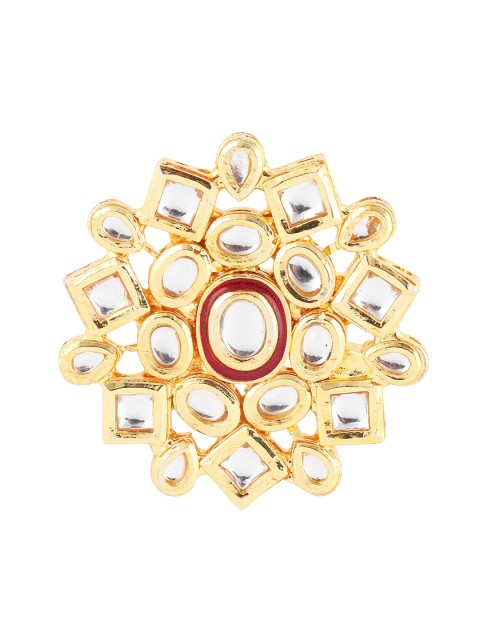 

Fabstreet Gold-Plated Red & White Kundan-Studded Adjustable Cocktail Meenakari Finger Ring