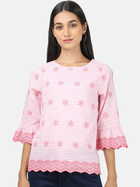 

Monte Carlo Pink & White Embroidered Bell Sleeves Regular Top