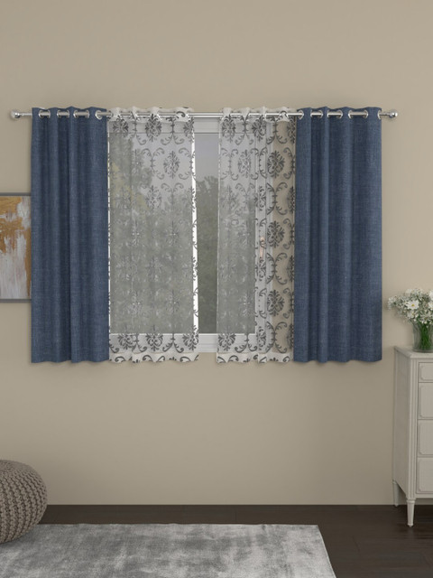 

ROSARA HOME Set Of 4 Navy Blue & Transparent Window Curtains
