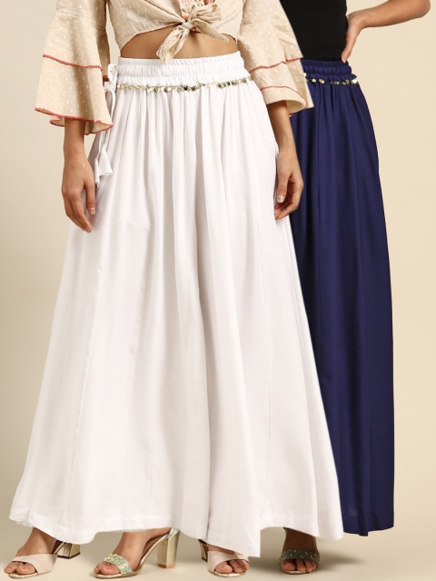 

TAG 7 Women White & Navy Blue Solid Flared Palazzos