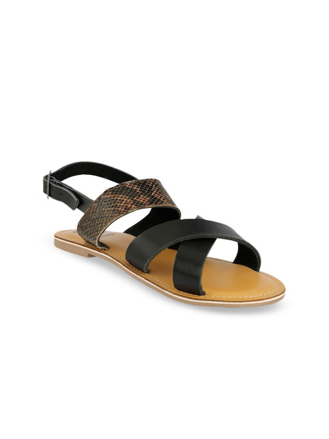 

ELLE Women Black Textured Leather Open Toe Flats