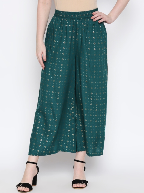 

RANGMANCH BY PANTALOONS Women Teal & Gold-Toned Printed Wide Leg Palazzos