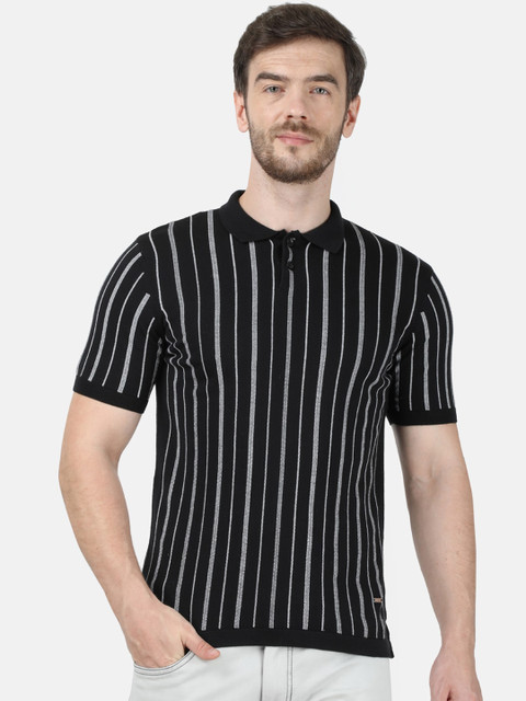 

Monte Carlo Men Black & White Striped Round Neck T-shirt