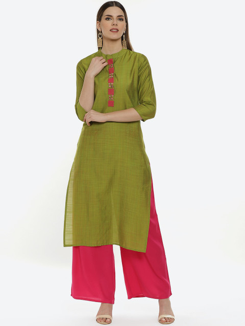 

Kurti's by Menka Women Green Embroidered Kurta