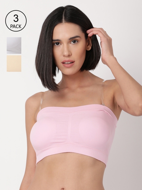 

GOLDSTROMS Women Pack Of 3 Solid Padded Tube Top T-43-PNK-SKN-WHT, Pink