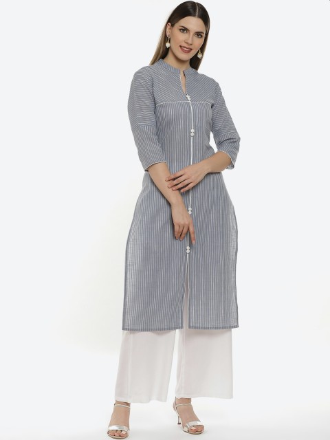 

Kurti's by Menka Women Grey Striped Kurta