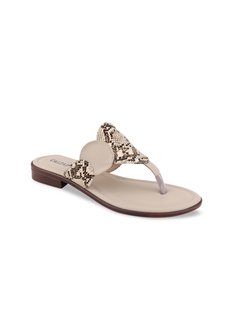 

CALZADO Women Beige Printed T-Strap Flats