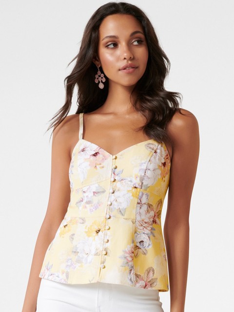 

Forever New Yellow Floral Printed Linen Button Down Bustier