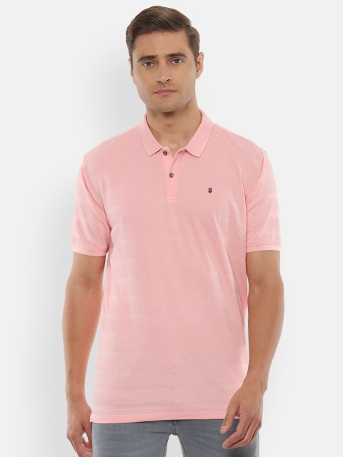 

Louis Philippe Sport Men Pink Striped Polo Collar Cotton Pure Cotton T-shirt