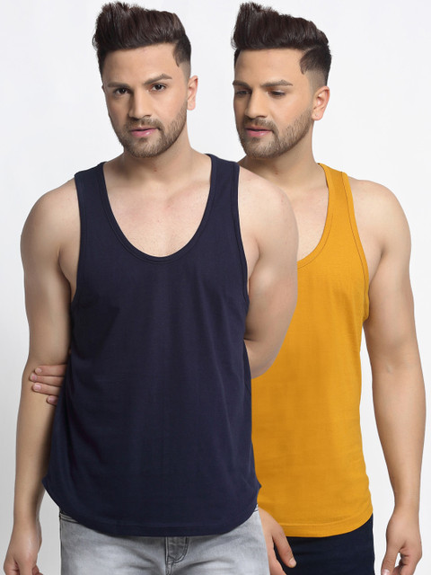 

Friskers Men Pack Of 2 Navy Blue & Yellow Solid Gym Vests