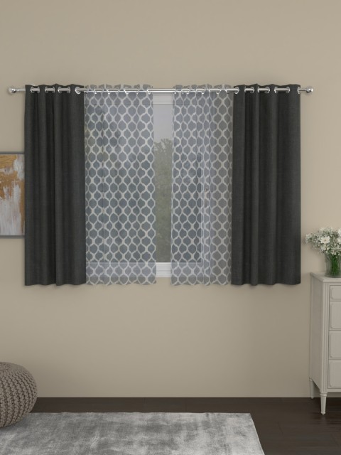 

ROSARA HOME Grey & Off-White Set of 4 Regular & Sheer Window Curtains