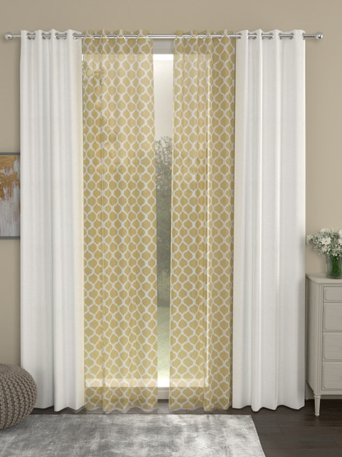 

ROSARA HOME White & Yellow Set of 4 Long Door Curtains