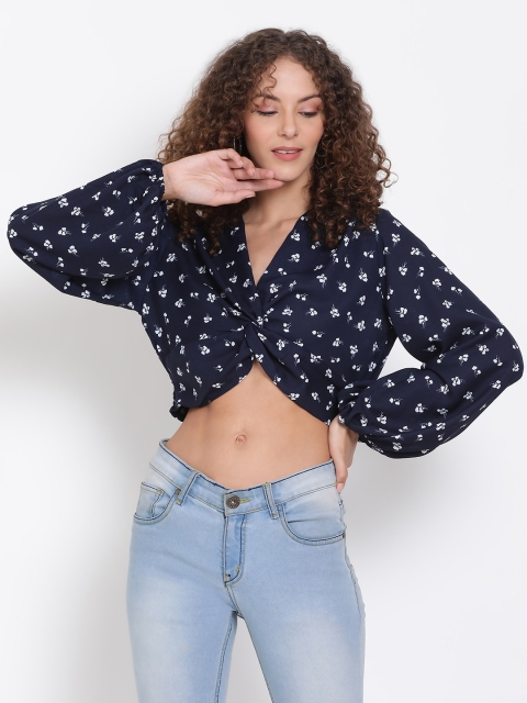 

Oxolloxo Navy Blue & Off White Floral Printed Puff Sleeves Twisted Regular Crop Top
