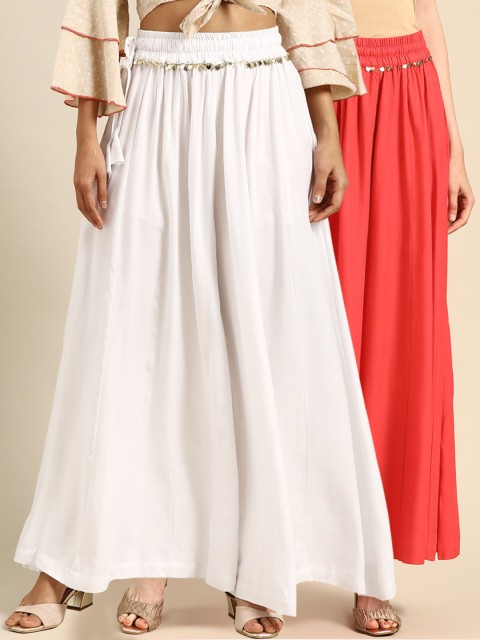 

TAG 7 Women White & Peach-Coloured Solid Flared Palazzos