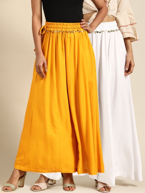 

TAG 7 Women White & Yellow Solid Flared Palazzos