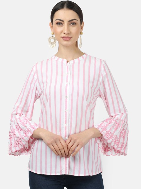 

Monte Carlo Pink & White Striped Mandarin Collar Bell Sleeves Shirt Style Top