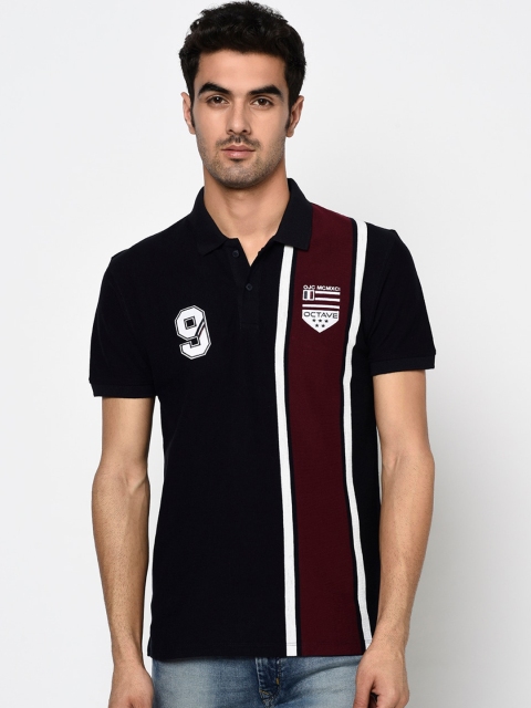 

Octave Men Navy Blue Striped Polo Collar T-shirt