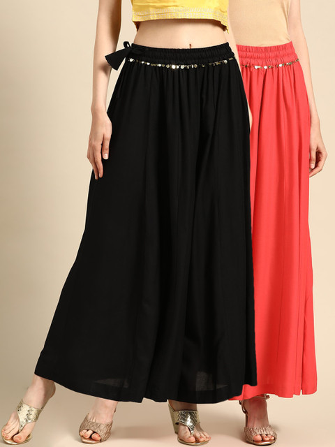 

TAG 7 Women Black & Peach-Coloured Solid Flared Palazzos