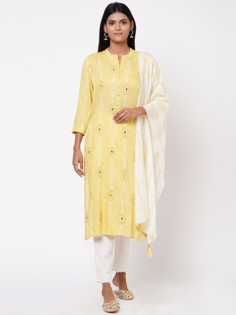 

FASHOR Women Yellow & White Embroidered Kurti with Trousers & Dupatta