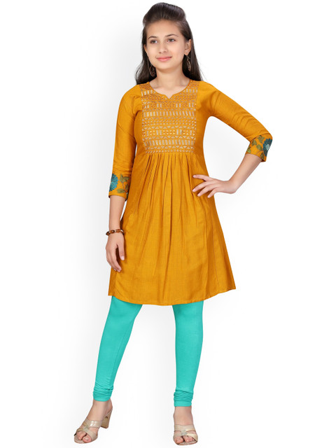 

Aarika Girls Mustard Yellow & Gold-Toned Embroidered Cotton Empire A-Line Kurti