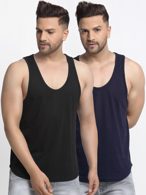 

Friskers Men Pack Of 2 Solid Innerwear Gym Vest, Black