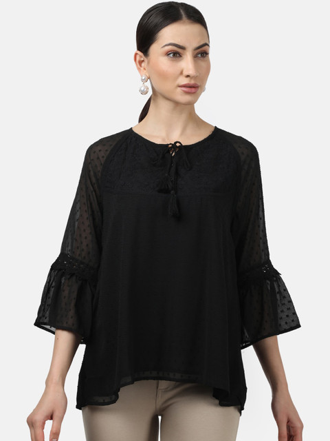 

Monte Carlo Black Embroidered Tie-Up Neck Bell Sleeves A-Line Top