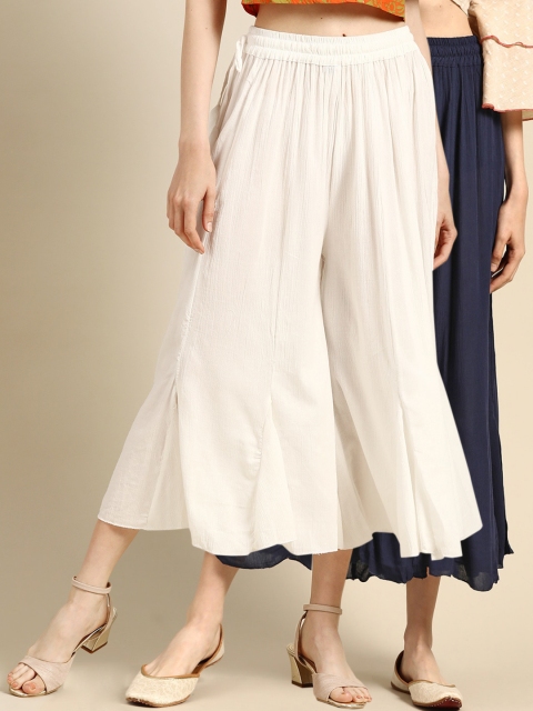 

TAG 7 Women White & Navy Blue Solid Flared Palazzos