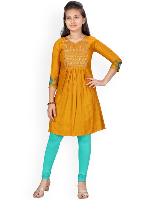 

Aarika Girls Yellow & Sea Green Yoke Design Kurti with Churidar
