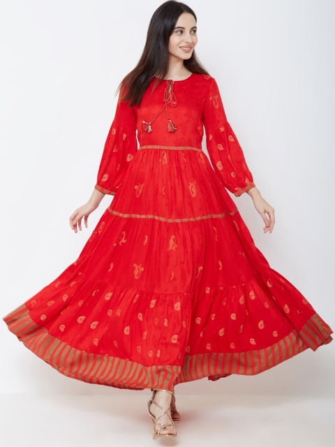 

FASHOR Women Red & Golden Foil Printed Tiered Maxi Dress