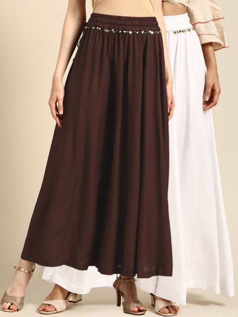

TAG 7 Women White & Brown Solid Flared Palazzos