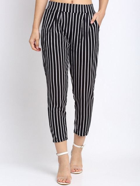 

NEUDIS Women Black & White Regular Fit Striped Peg Trousers