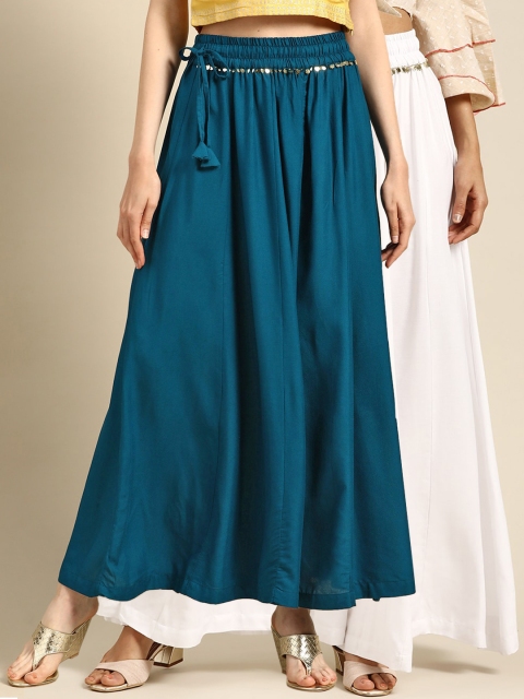 

TAG 7 Women White & Blue Solid Flared Palazzos