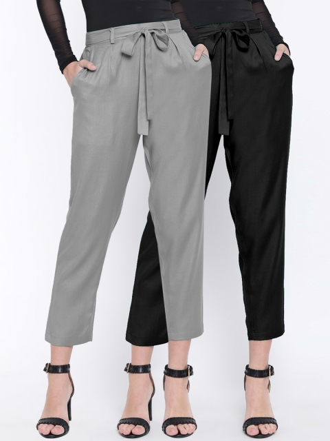 

CHROME & CORAL Women Pack of 2 Tapered Fit Solid Peg Trousers, Grey