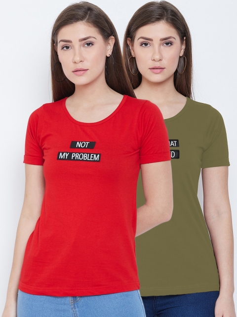 

CHROME & CORAL Women Pack of 2 Printed Round Neck T-shirt, Red