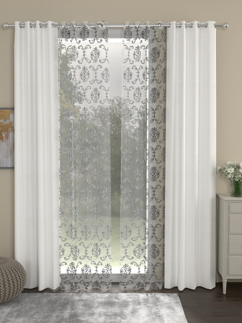 

ROSARA HOME White & Grey Set of 4 Regular & Sheer Long Door Curtains