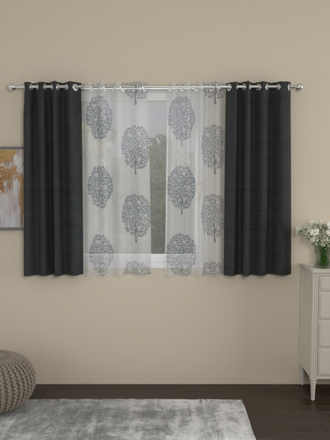 

ROSARA HOME Charcoal & White Set of 4 Regular & Sheer Window Curtains
