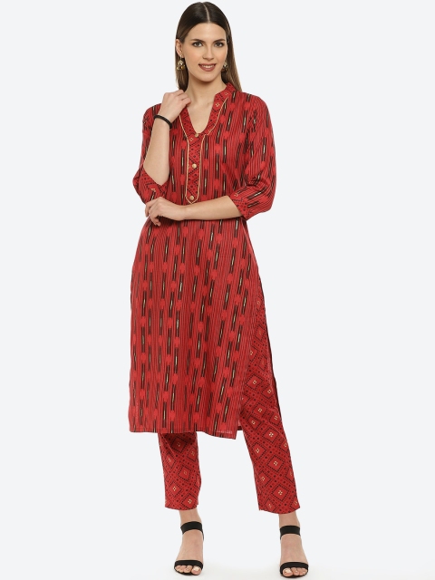 

Kurti's by Menka Women Red & Black Printed Kurta with Trousers