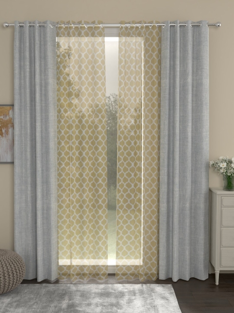

ROSARA HOME Grey & Beige Set of 4 Regular & Sheer Long Door Curtains