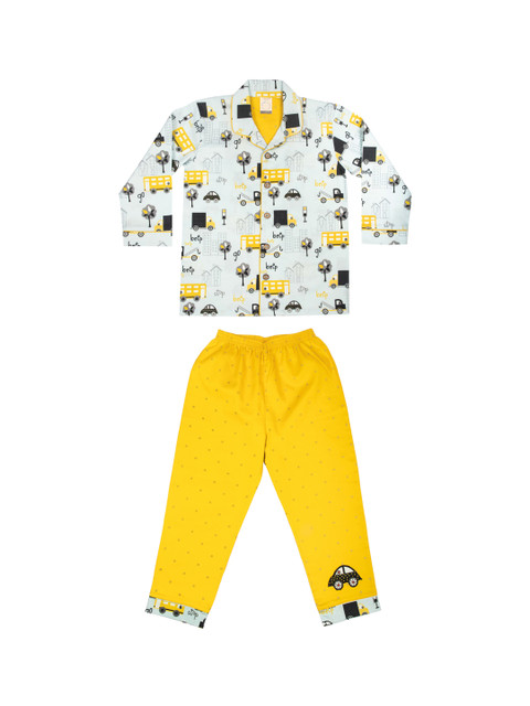 

CASA DE NEE NEE Kids Mustard Yellow & Sea Green Pure Cotton Printed Night Suit