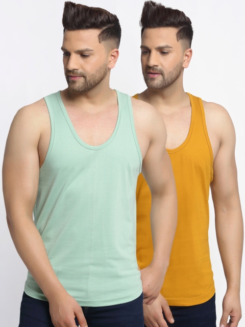 

Friskers Men Pack Of 2 Solid Apple Cut Pure Cotton Gym Vest, Yellow