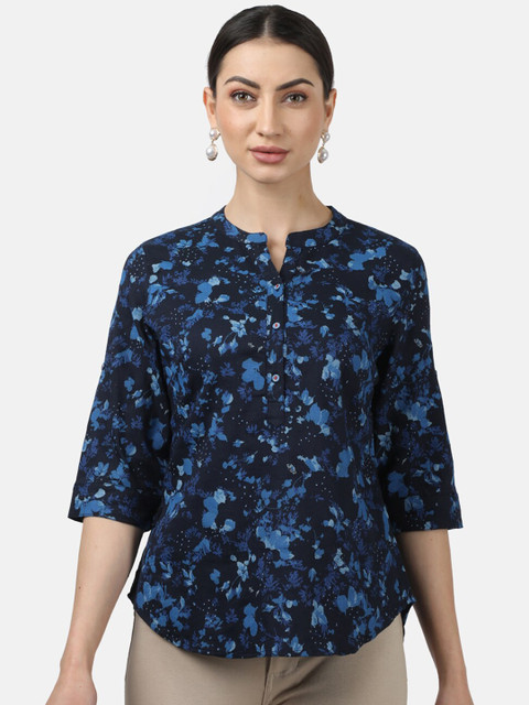 

Monte Carlo Navy Blue Floral Printed Mandarin Collar Shirt Style Top