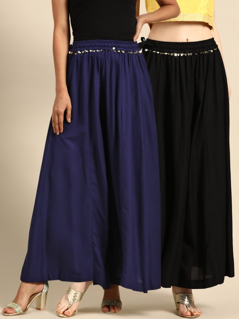 

TAG 7 Women Black & Blue Solid Flared Palazzos